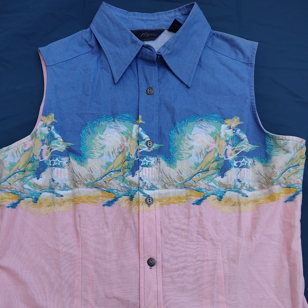 Sleeveless Blue and Pink Western M Shirt